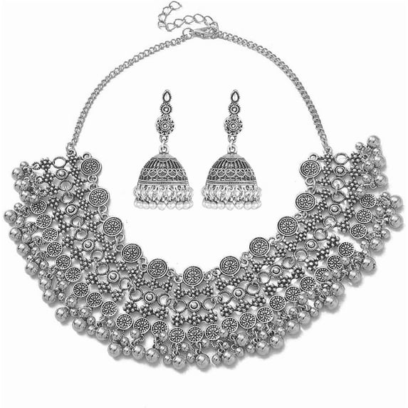 Indian Bollywood Traditional Jhumka Jewellery Set for Women Large Big Tassel Beaded Kundan Ethnic Wedding Wear Party Festival Choker Necklace Earrings Maang Tikka Traditional Fashion Antique Jewelry