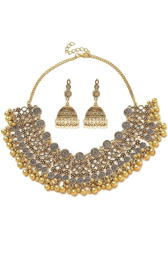 Indian Bollywood Traditional Jhumka Jewellery Set for Women Large Big Tassel Beaded Kundan Ethnic Wedding Wear Party Festival Choker Necklace Earrings Maang Tikka Traditional Fashion Antique Jewelry