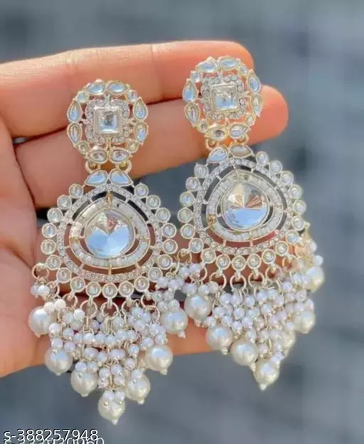 Indian Bollywood Traditional Kundan White Pearl Jhumka Earrings For Women And Girls