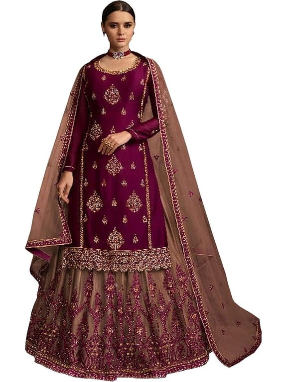Indian Bridal Wear Designer Stitched Lengha Suits Pakistani Salwar Kameez Outfits ( Purple, 4XL - 50 )