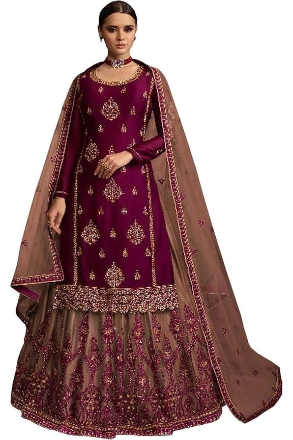 Indian Bridal Wear Designer Stitched Lengha Suits Pakistani Salwar Kameez Outfits ( Purple, XL - 44 )