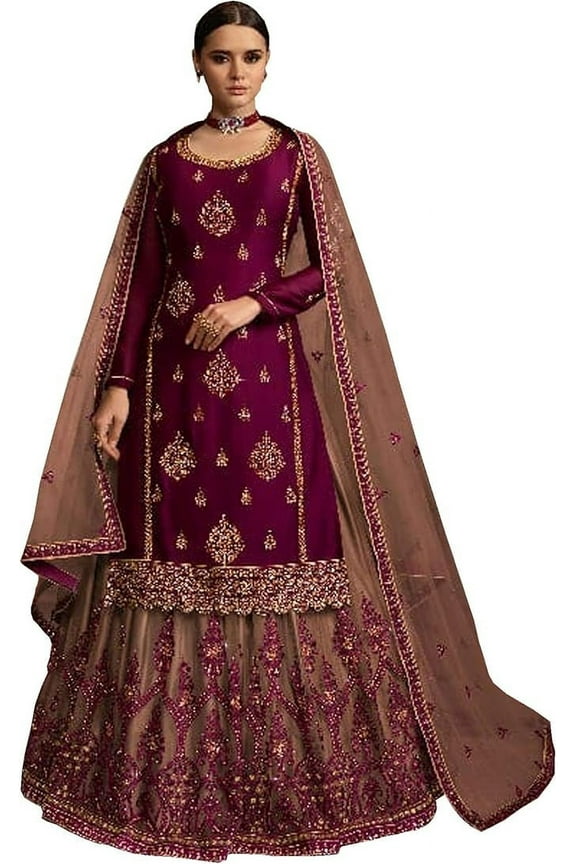 Indian Bridal Wear Designer Stitched Lengha Suits Pakistani Salwar Kameez Outfits ( Purple, XXL - 46 )