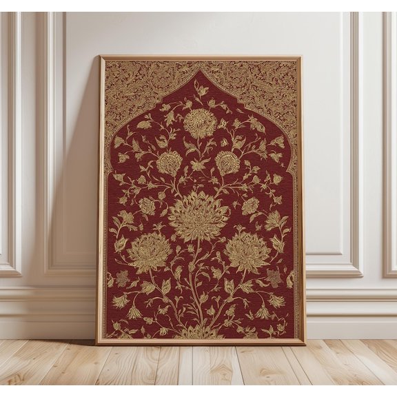 Indian Brocade Pattern Art Print, Mughal Arch Wall Art, Gold Floral Design, Oriental Heritage Decor Poster 8x12 UNFRAMED