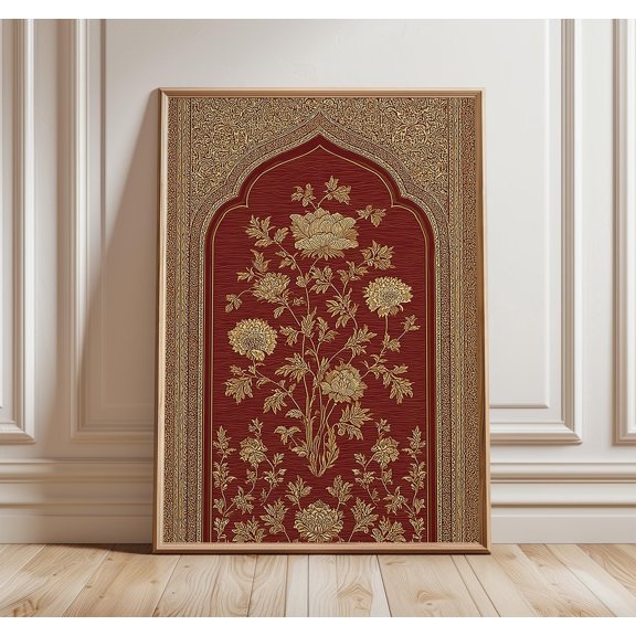 Indian Brocade Pattern Art Print, Mughal Arch Wall Art, Gold Floral Textile Design, Oriental Heritage Decor Poster, Poster Only