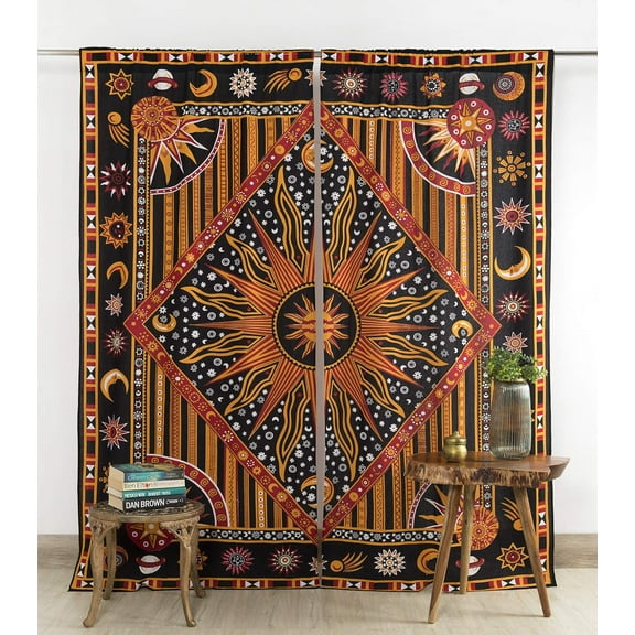 Indian Burning Sun Hippie Mandala Window Curtains - Gypsy Bohemian Sun Moon Beautiful Drapery Bedroom Living Room Balcony Valance Panels Golden