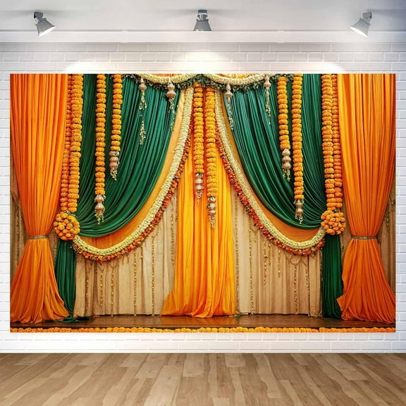 Indian Ceremony Backdrop for Photography Puja Ganpati Backdrop Indian Wedding Bridal Shower Party Marigold Wreath Photo Prop Happy Holi Diwali Pooja Party Decor
