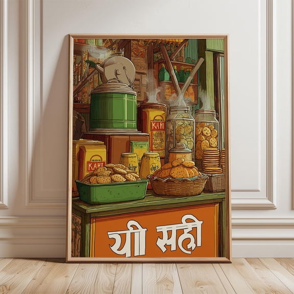 Indian Chai Stall Poster Vintage Tea Shop Wall Art with Biscuits and Steam Kettle Warm Rustic Decor for Kitchen or Cafe Interiors