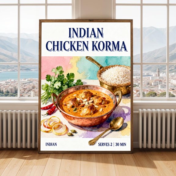Indian Chicken Korma Food Poster Kitchen Restaurant Wall Art Print, book lover, reading corner, library decor, artwork cat, home decor, bedroom cozy, Unfreamed Poster 8x10