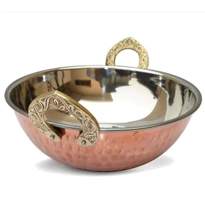 Indian Copper Serveware Karahi Vegetable Dinner Bowl with Solid Brass Handle