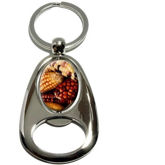 Indian Corn on Cob, Maize Flint Fall, Chrome Plated Metal Spinning Oval Design Bottle Opener Keychain Key Ring