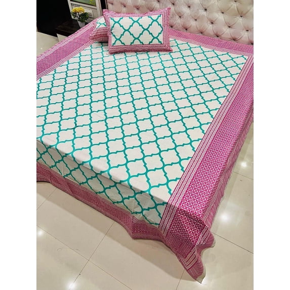 Indian Cotton Bedspread King Size with Pillow Covers – Ethnic Floral Print Bedding Set(Pink)