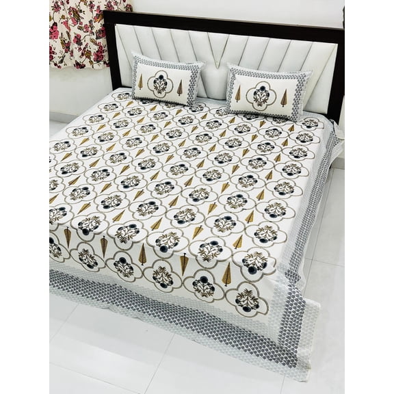 Indian Cotton Bedspread Oversized Queen with Pillow Covers Ethnic Floral Print Bedding Set(ARBCA_1397_WH)