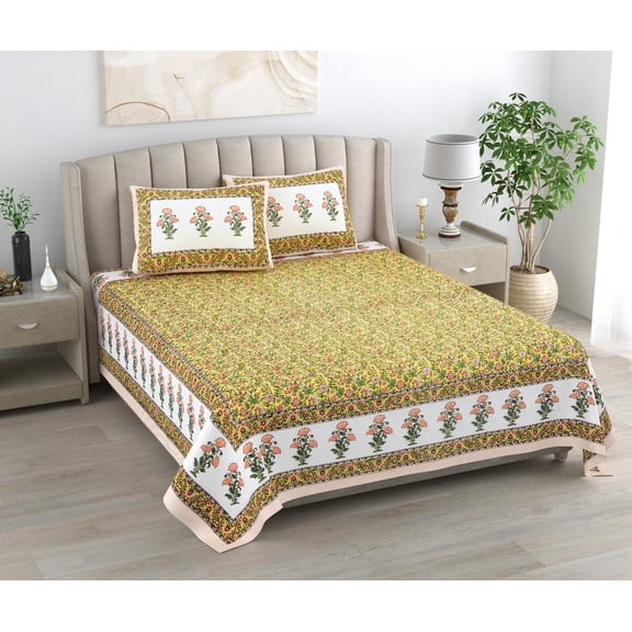Indian Cotton Bedspread Queen Size with Pillow Covers Ethnic Floral Print Bedding Set(ACSHCVL_1009_BL)