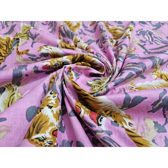 Indian Cotton Fabric Tiger Print By The Yard Pink Women Dress Upholstery Cloth
