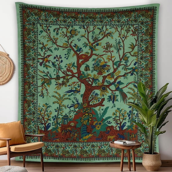 Indian Cotton Mandala Tree of Life Wall Hanging Tapestry for Aesthetic Boho Hippie Living Room Meditation and Bedroom Decor Green 54 x 84 Inches