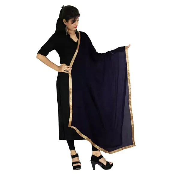 Indian Crafts Women Chiffon Solid Long Indian Traditional Dupatta With Golden Lace Shawl Stole Chunni Scarf Wrap Stole