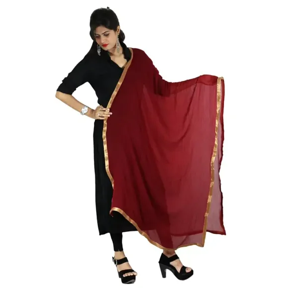 Indian Crafts Women Chiffon Solid Long Indian Traditional Dupatta With Golden Lace Shawl Stole Chunni Scarf Wrap Stole