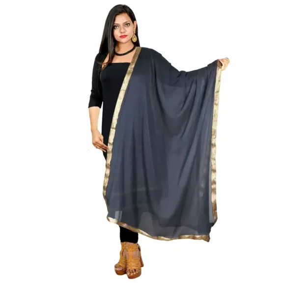 Indian Crafts Women Chiffon Solid Long Indian Traditional Dupatta With Golden Lace Shawl Stole Chunni Scarf Wrap Stole