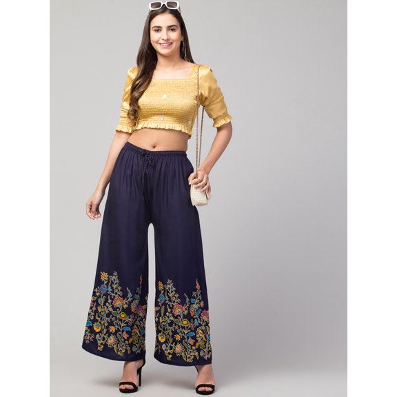 Indian Crafts Women's Rayon Printed Palazzo Loose Fit Pants Trousers