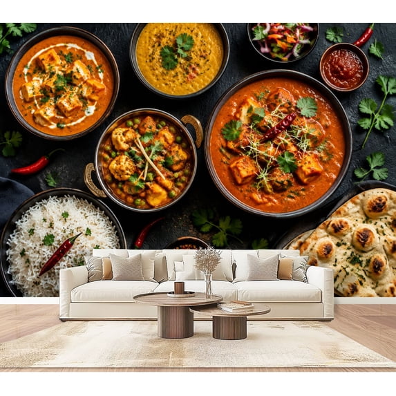 India Pvc Wall Indian Cuisine Platter food Wallpaper Rice Breads food photography Peel ...