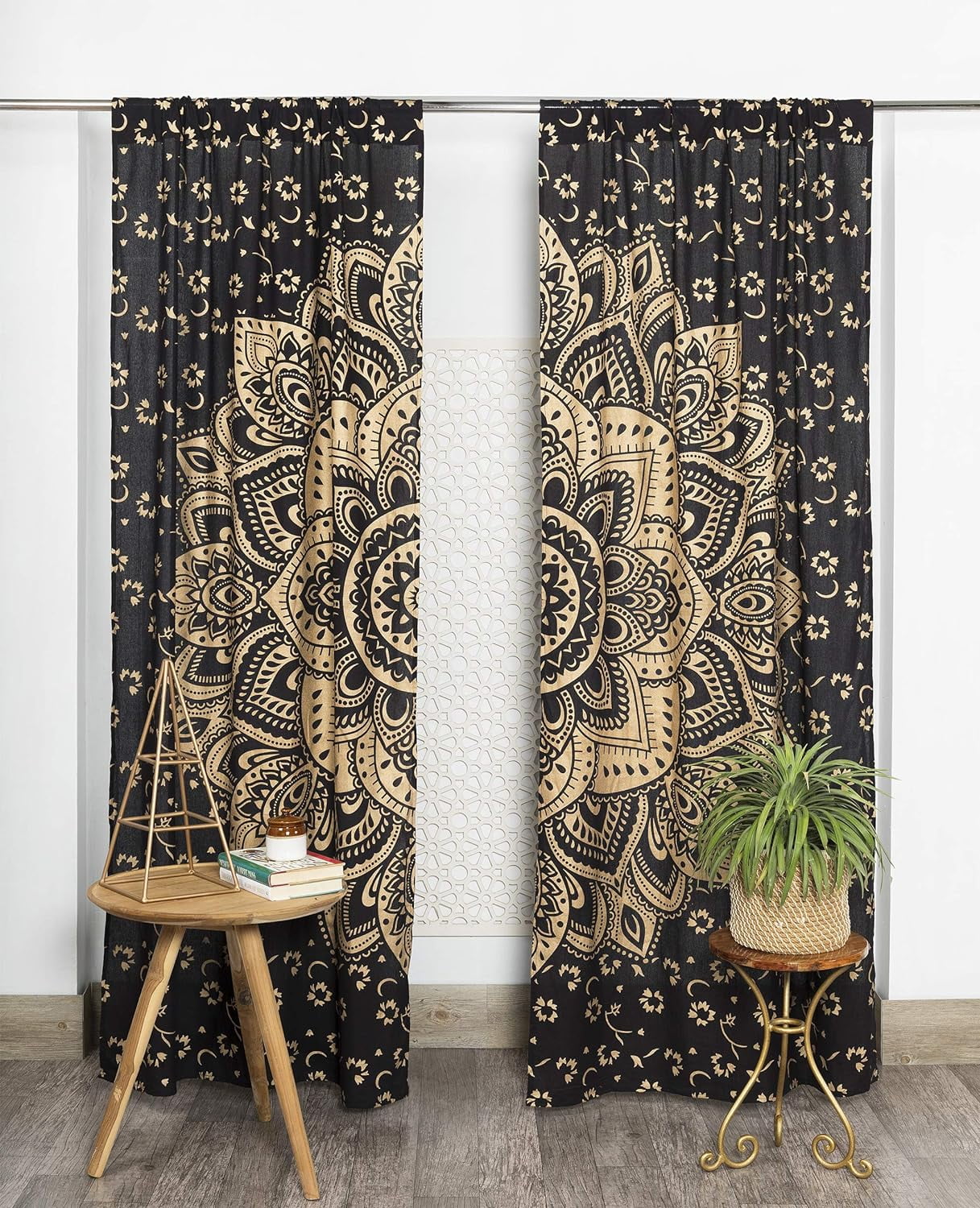 Indian Curtain Hippie Bohemian Beautiful Ombre Color Mandala Curtain Panels Black Gold 82X40 Inches Approx Walmart