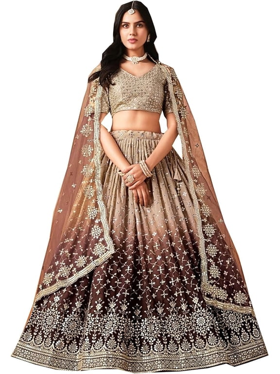 Indian Designer Luxurious Zari & Sequins Worked Wedding Wear Lehenga Choli Outfits ( Brown, XL - 44 )