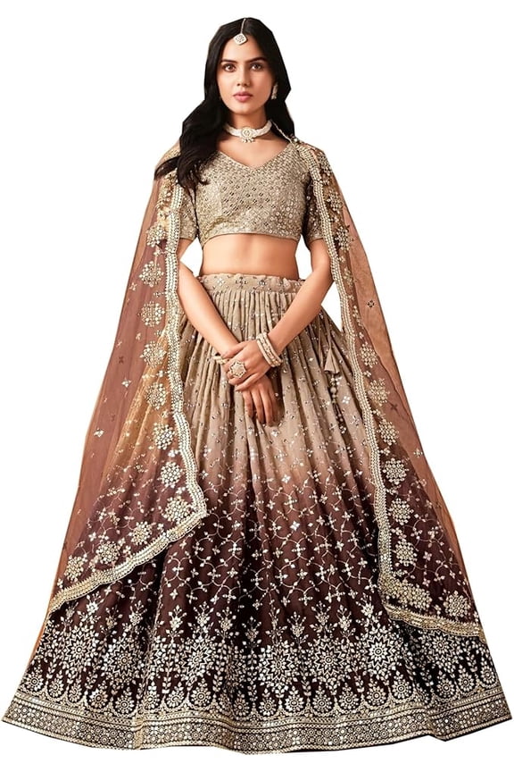 Indian Designer Luxurious Zari & Sequins Worked Wedding Wear Lehenga Choli Outfits ( Brown, XS - 36 )