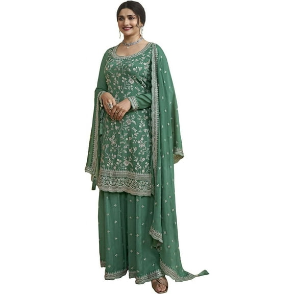 Indian Designer Palazzo Outfits Eid Special Pakistani Shalwar Kameez Suits ( Light Green, XS - 36 )