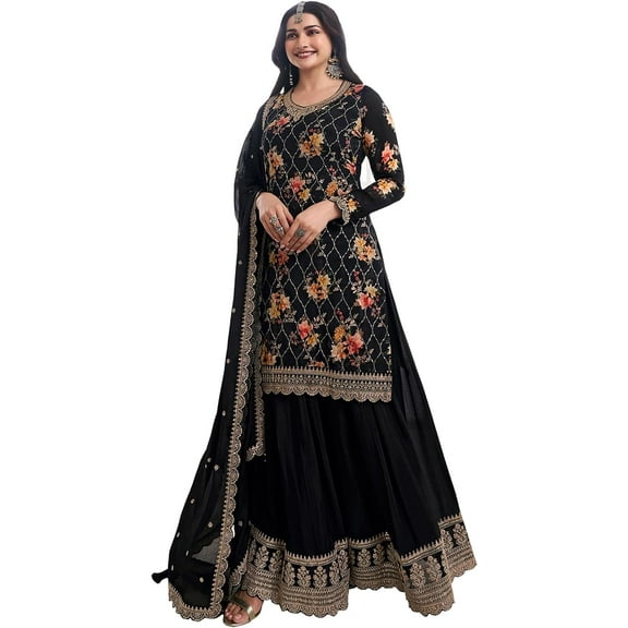 Indian Designer Sharara Plazzo Suits Women's Wear Pakistani Shalwar Kameez Dress ( Black, 3XL - 48 )