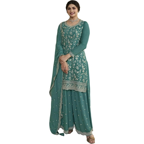 Indian Designer Stitched Plazo Dress Party Wear Pakistani Salwar Kameez Suits ( Teal Blue, S - 38 )