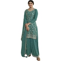 Indian Designer Stitched Plazo Dress Party Wear Pakistani Salwar Kameez Suits ( Teal Blue, XL - 44 )