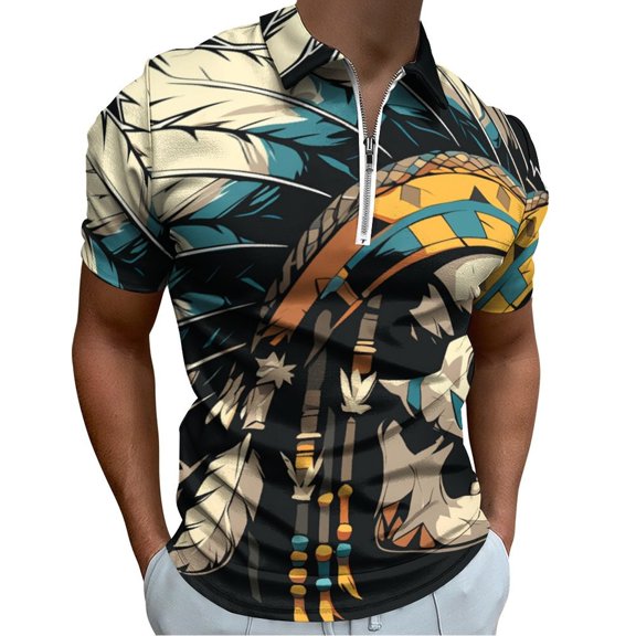 Indian Devil Skull Men Zipper T-shirt Summer Casual Short Sleeve T-shirt Top