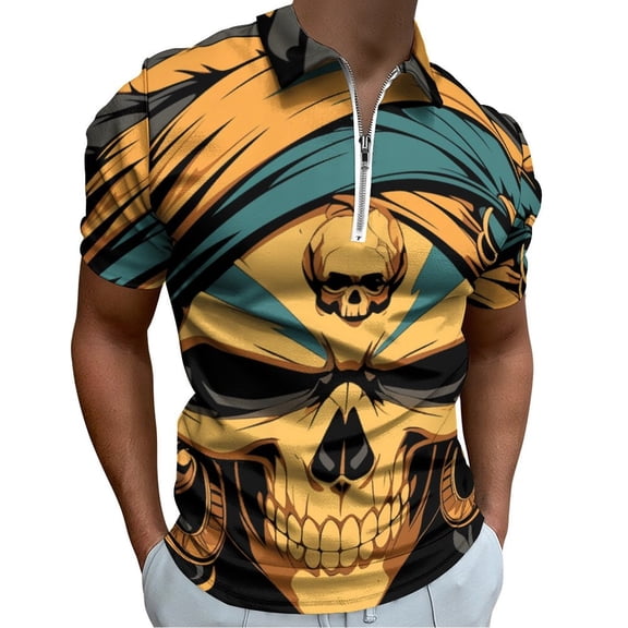 Indian Devil Skull Men Zipper T-shirt Summer Casual Short Sleeve T-shirt Top