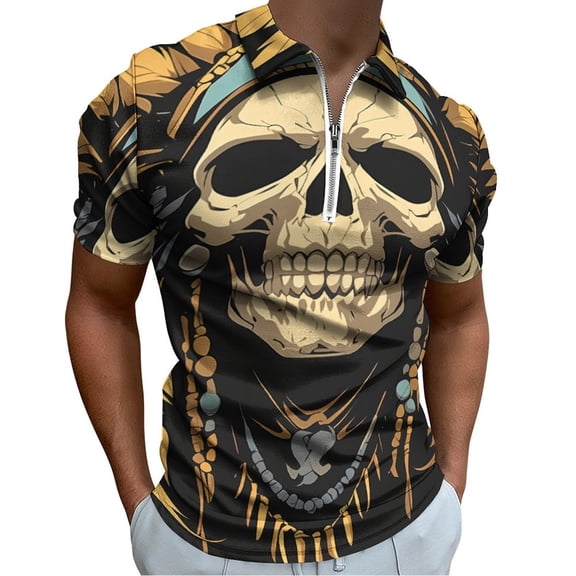 Indian Devil Skull Men Zipper T-shirt Summer Casual Short Sleeve T-shirt Top