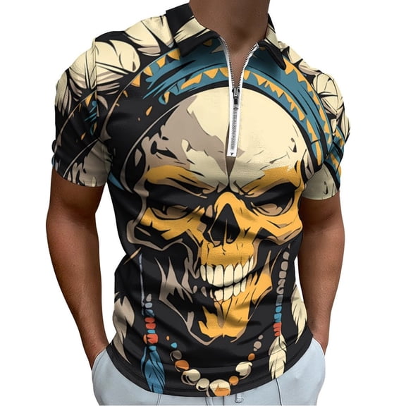 Indian Devil Skull Men Zipper T-shirt Summer Casual Short Sleeve T-shirt Top