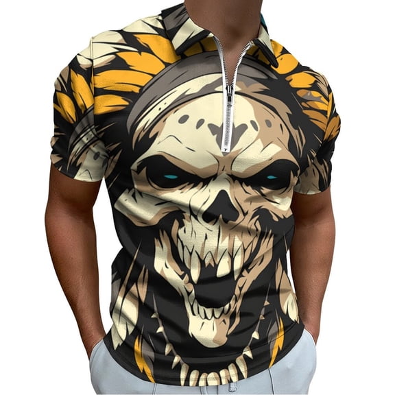 Indian Devil Skull Men Zipper T-shirt Summer Casual Short Sleeve T-shirt Top