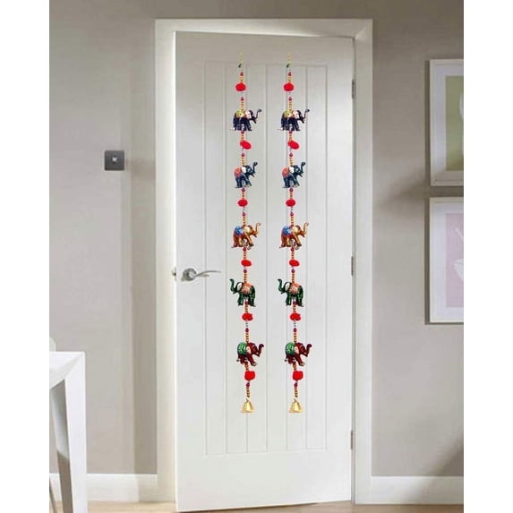 Indian Door Hanging Decorative Five Hand Painted Elephant Stringed Together with Beads and Small Bell