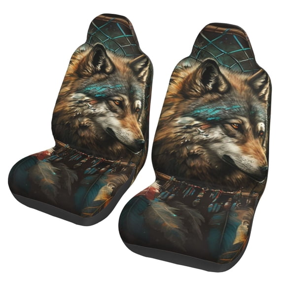 Indian Dream Wolf Vintage Car Seat Cover 2 Pcs Auto Front Bucket Seats Protector Cushion Universal Vehicle Truck SUV