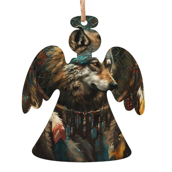 Indian Dream Wolf Vintage Wooden Christmas Ornament Angel Shape,Xmas Tree Hanging Decoration 6 PCS