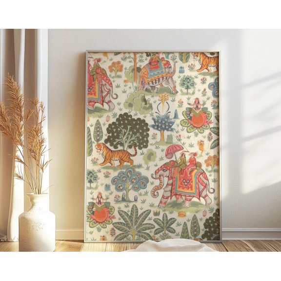 Indian Elephant Floral Pattern Wall Art Print, Unframed Paper Poster 8x10in