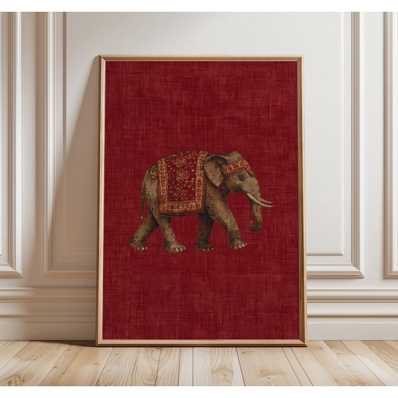 Indian Elephant Pattern Print, Red Textile Wall Art, Boho Tribal Decor, Oriental Animal Poster, Cultural Interior Design