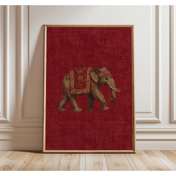 Indian Elephant Pattern Red Textile Boho Tribal Animal, Unframed Canvas 8x10in