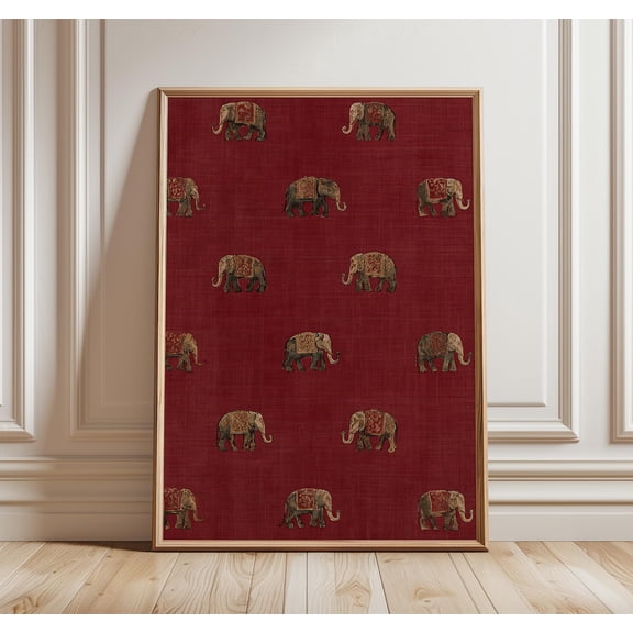 Indian Elephant Pattern Red Textile Boho Tribal Oriental Animal, Unframed Canvas 8x10in