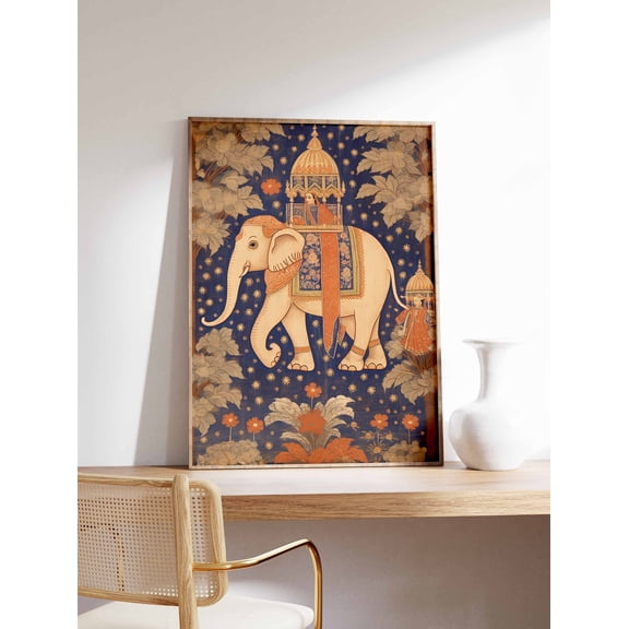 Indian Elephant Pichwai Floral Poster, Unframed Paper Poster 8x10in