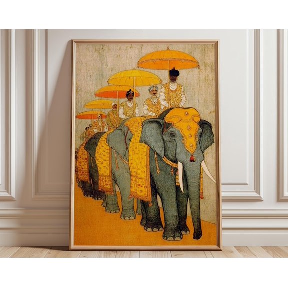 Indian Elephant Procession Wall Art, Unframed Paper Poster 8x10in