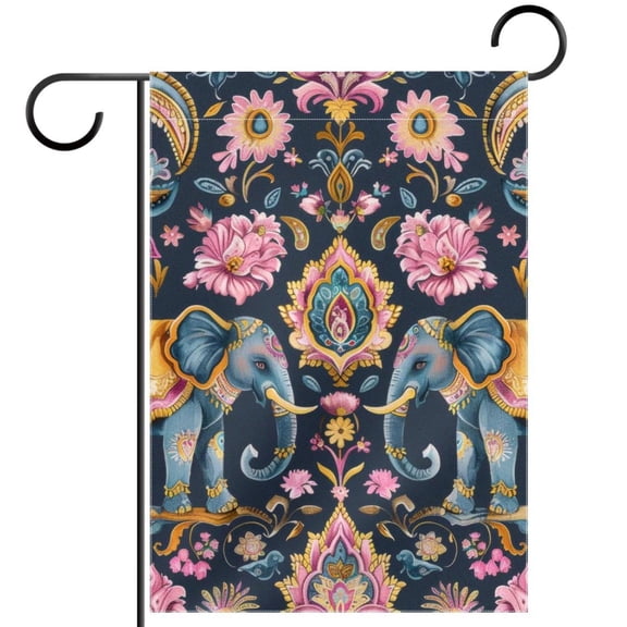 Indian Elephants and Paisleys on Dark Background Double Sided Garden Flag Decorative Weather Resistant Yard Flag, Large DIY Vertical Flag for Farmhouse Patio Lawn, 28x40 Inch
