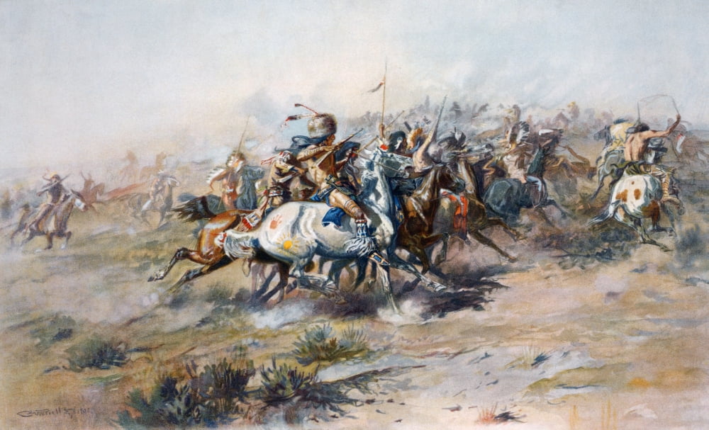 The Indian Encirclement Of General Custer At The Battle Of The Little Big Horn Custers Last Stand After A Work By Charles Marion Russell Canvas Art - Ken Welsh  Design Pics (18 x 11)