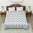 thumbnail image 1 of Indian Ethnic Block Print Full Size Flat Sheet Pastel Color Cotton Bedsheet With 2 Pillow Case Floral Blue- 90x108", 1 of 7