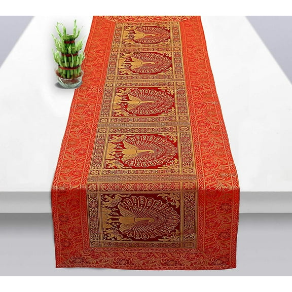 Indian Ethnic Dinning Table Decor Red Peacock Banarasi Silk Home Dcor For Gift use 60 x 16 In