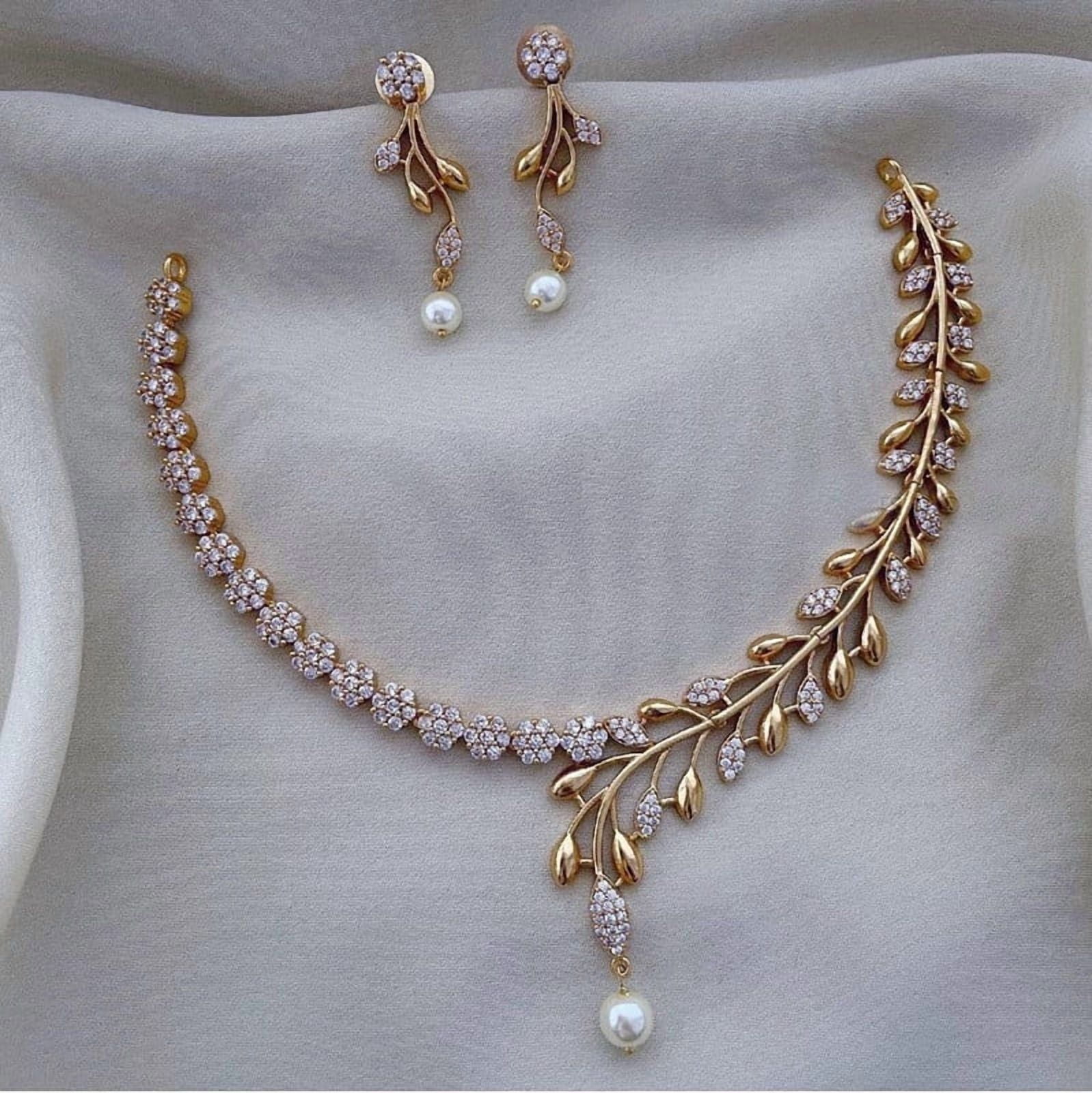 Indian Ethnic Gold Necklace Choker Set - Dainty South Indian Short Necklace with White CZ Stones, Temple Bridal Jewelry, One Gram Jewelry for Weddings